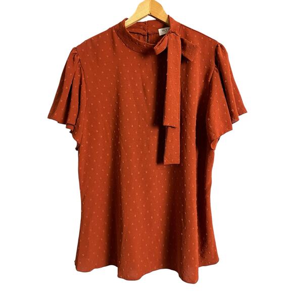 Kim & Cami Rust paprika Kitten Bow Short Sleeve Blouse Size XL Career Brunch - Picture 1 of 7